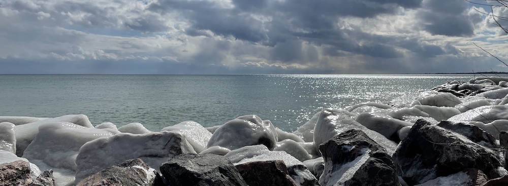 ice covered rocks on Lake Ontario at Balmy Beach in Toronto
